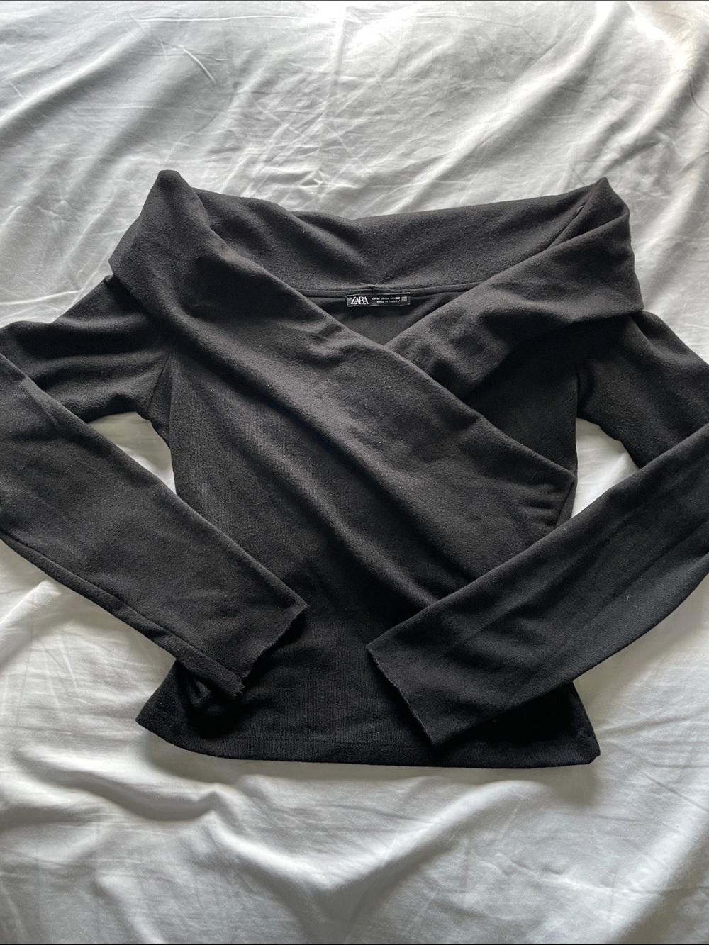 Zara Black Off-Shoulder Wrap-Front Sweater Top
